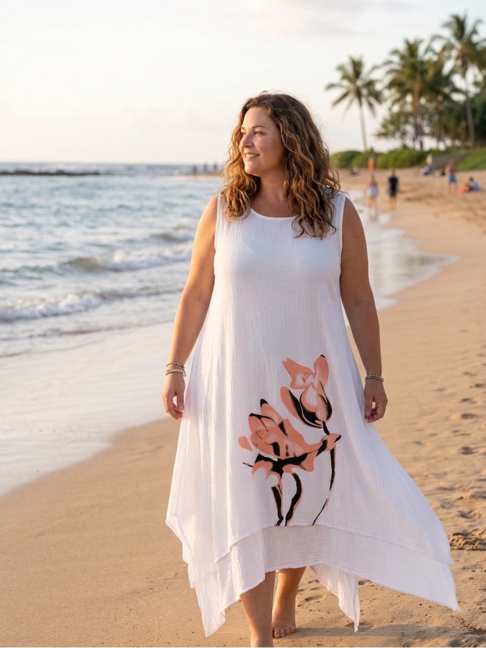 Boho Crinkle Gauze Layered Dress White Peach Abstract Floral Asymmetric 2XL